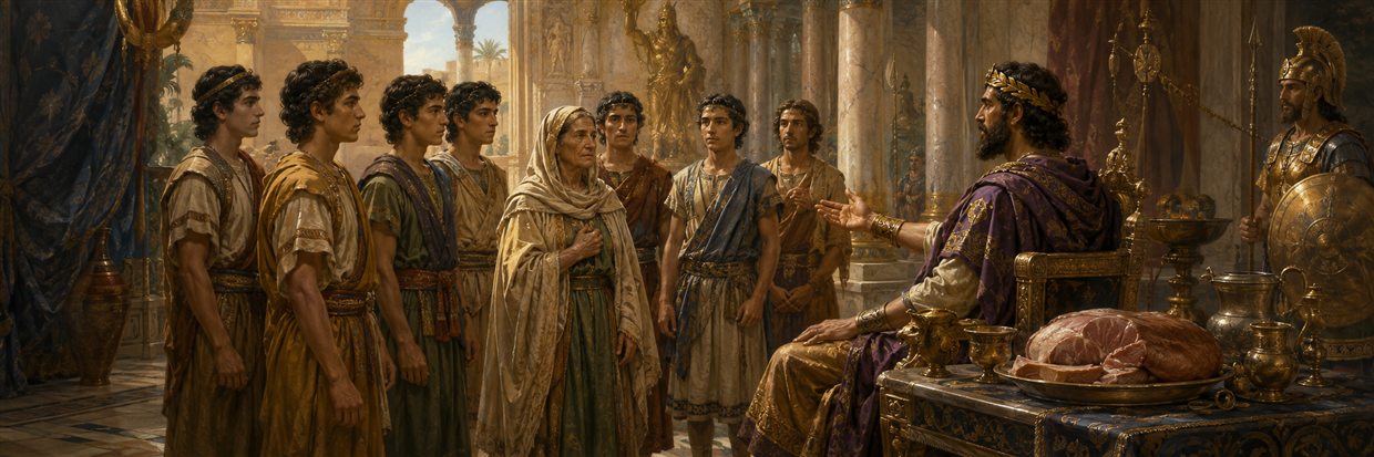 A mother and her seven sons stand united while Antiochus offers royal favor and forbidden food